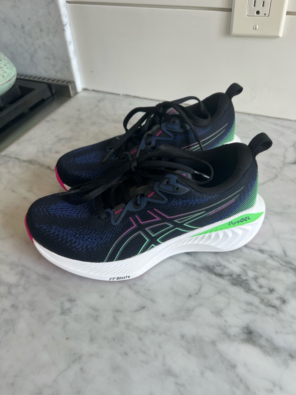 ASICS Cumulus Running Shoes with black, blue Green and Pink Accents
